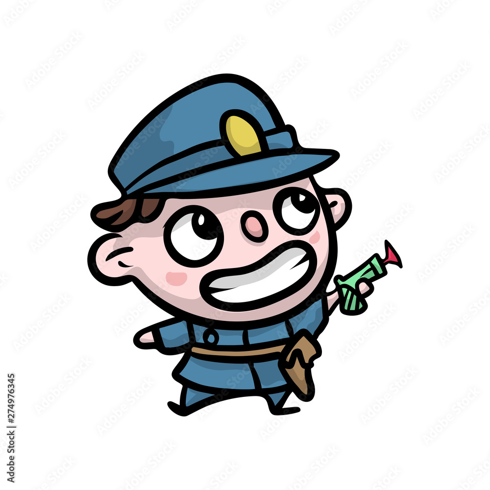 Cute smiling kid in policeman blue clothes with plastic pistol