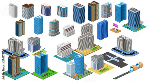 Vector detailed isometric buildings. Architecture creative illustration for your projects.