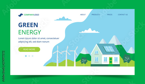 Green energy landing page with a house with solar panels, wind turbines. Concept illustration for ecology, green power, wind energy, sustainability