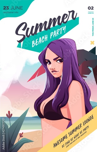 Summer party poster or flyer design template with sexy female on the beach. Party invitation. Modern style. Vector illustration