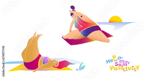 Two body positive girls doing yoga on the beach