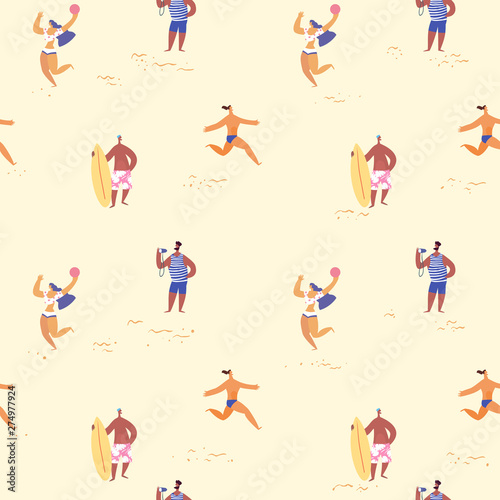 Wallpaper Mural Summer beach and people seamless pattern. Summertime, vacation, journey illustration. Torontodigital.ca