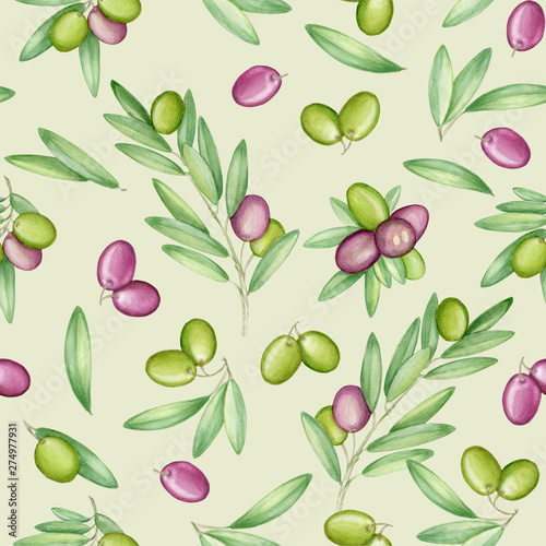 Olives seamless pattern with olive branches and fruits for Italian cuisine design or extra virgin oil food or cosmetic product packaging wrapper. Hand drawn. Watercolor.