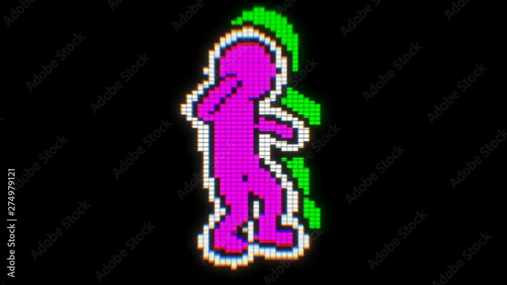Seamless funny animation of a dancing videogame character isolated with black background.  Chromatic aberration screen pixel style backdrop.
