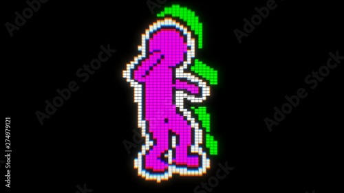 Seamless funny animation of a dancing videogame character isolated with black background.  Chromatic aberration screen pixel style backdrop.