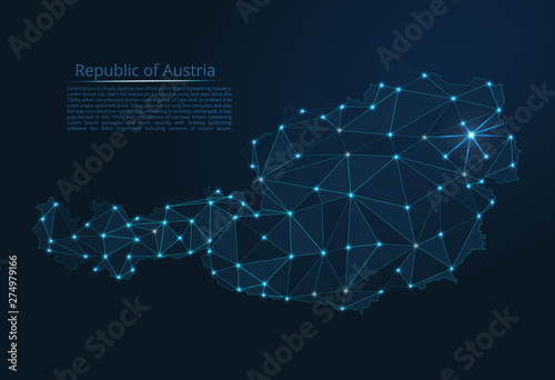 The map of the network of the Austria. Vector low-poly image of a global map with lights in the form of a population density of cities consisting of shapes in the form of stars