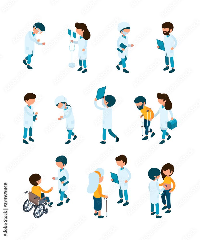 Naklejka Patient and doctors. Medical staff and patients in clinic reception hospital workers help service vector healthcare isometric people. Medicine healthcare, illustration of patients