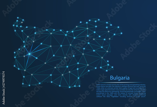 Bulgaria communication network map. Vector low poly image of a global map with lights in the form of cities in or population density consisting of points and shapes in the form of stars and space.