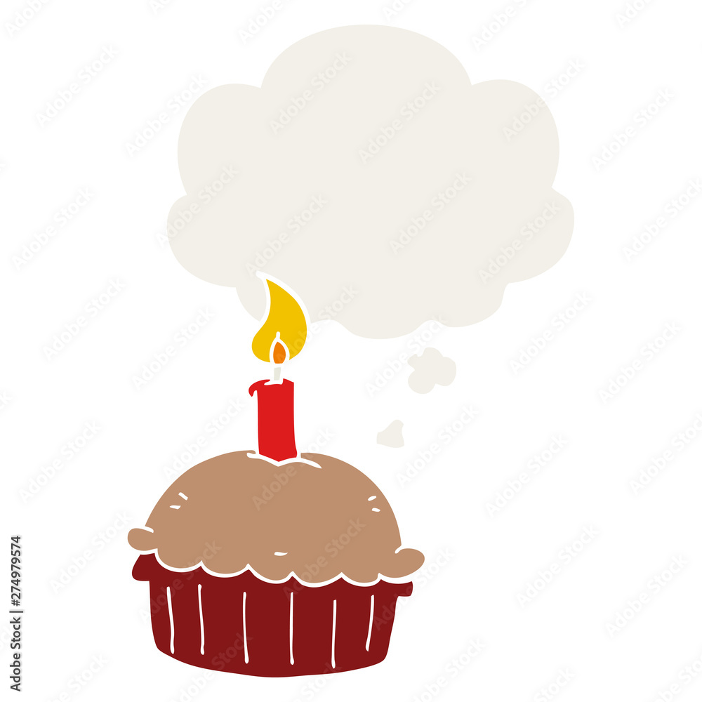 cartoon birthday cupcake and thought bubble in retro style cartoon birthday cupcake and thought bubble in retro style