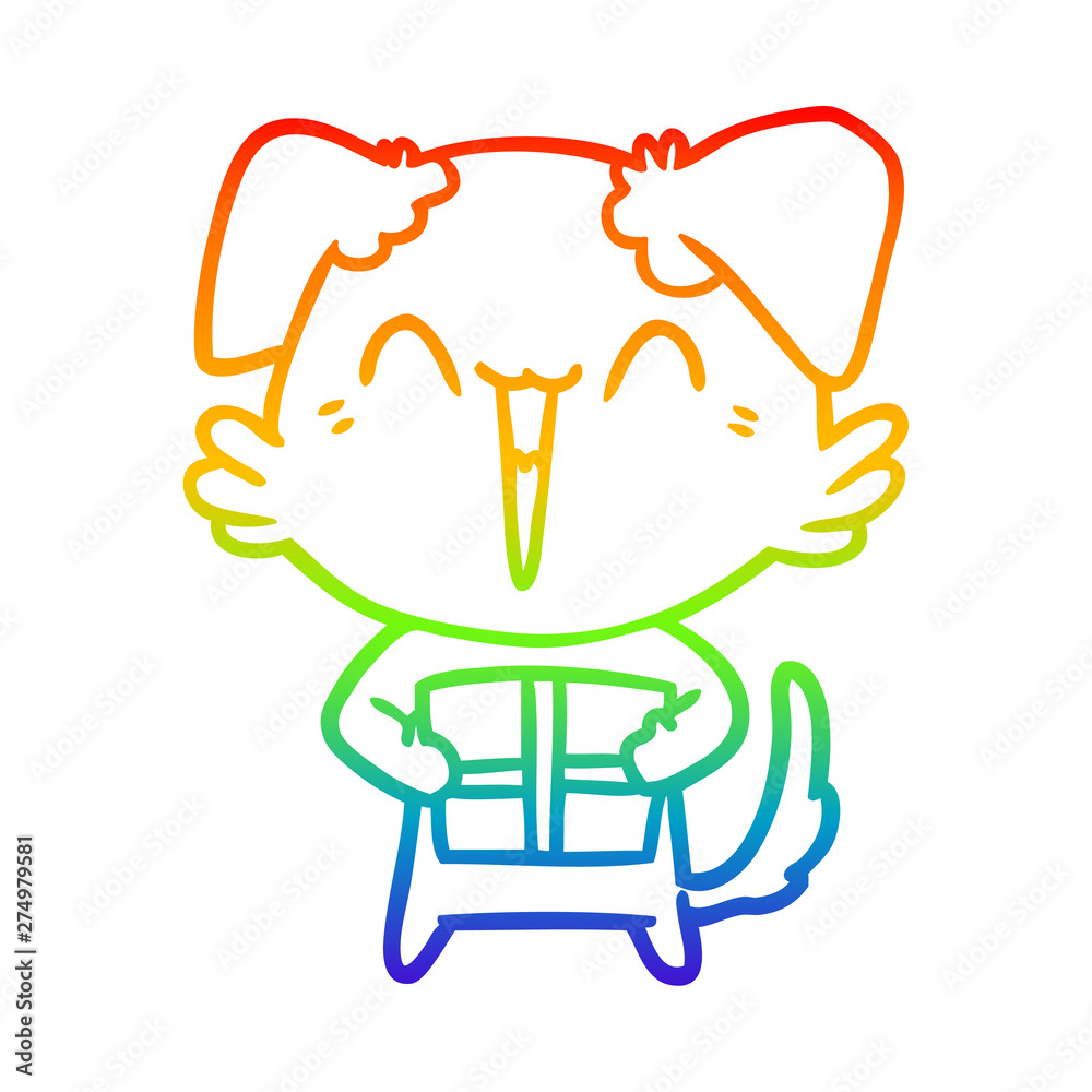rainbow gradient line drawing happy little cartoon dog with present