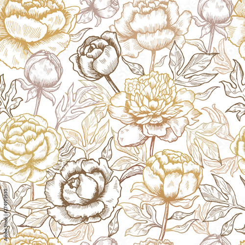 Floral pattern. Peonies textile design pictures of flowers and leaves nature vector seamless background. Illustration of pattern seamless sketch flower