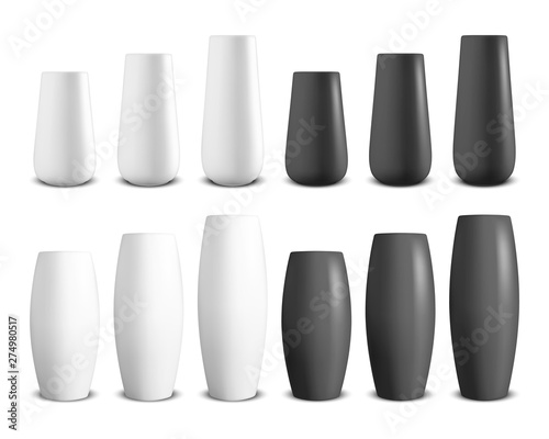 Vector 3d Realistic Render White and Black Ceramic Vase Set Closeup Isolated on White Background. Floor Bowls. Template for Mockup, Interior Design. Home Equipment in Simple Modern Style