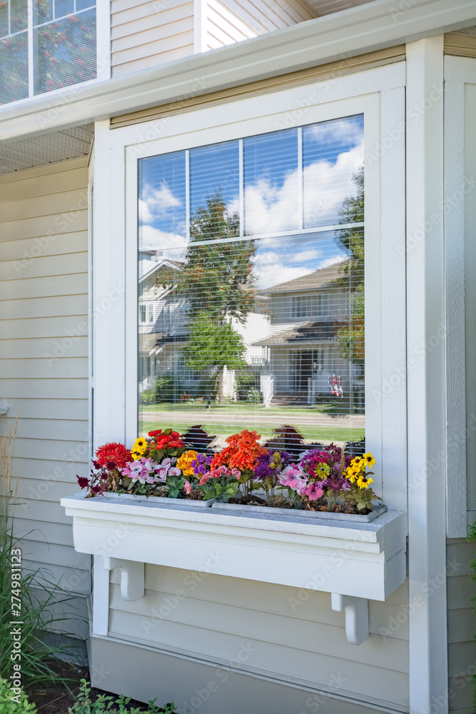Perfect neighbourhood. Front side window of residential house with flower bed at the bottom. Family house window with flowers on bright sunny day