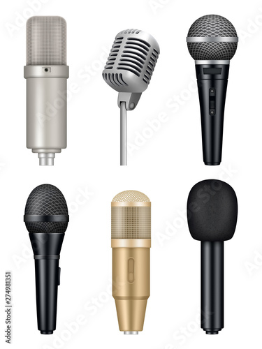 Microphones realistic. Professional media music studio equipment metal sound mic vector pictures. Illustration of mic and microphone for karaoke or media