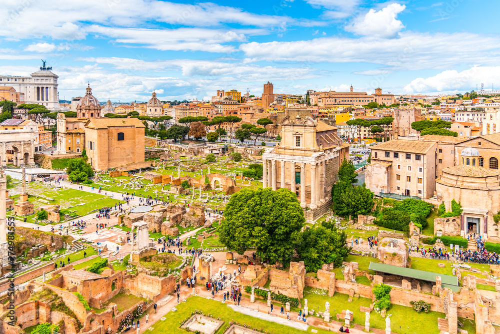 Roman Forum, Latin Forum Romanum, most important cenre in ancient Rome, Italy. Aerial view from Palatine Hill