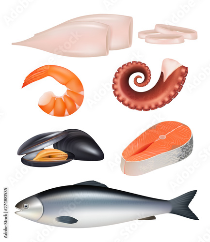 Seafood. Meal of fish octopus natural protein diet food vector 3d realistic illustration. Fish and octopus, sea cuisine delicacy, seafood fresh