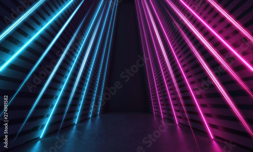 Futuristic Sci-Fi Modern Room With Stripes Shaped Blue And Purple Glowing Neon Lines.