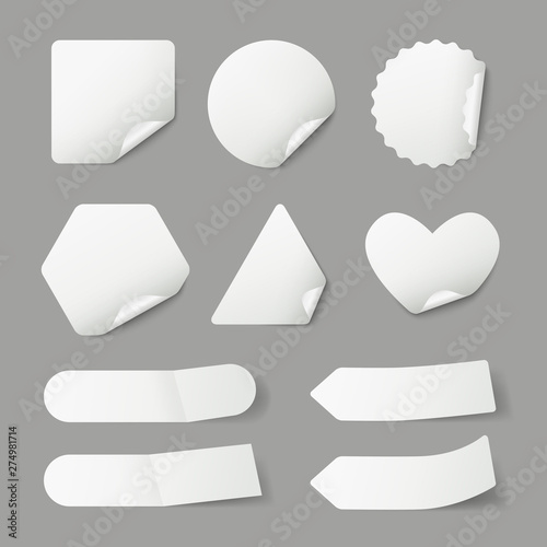 Stickers. Paper blank labels with realistic shadows and curled corners vector template. Illustration of sticker and label for notes and message