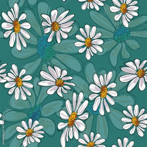 Chamomile flowers seamless pattern vector illustration.