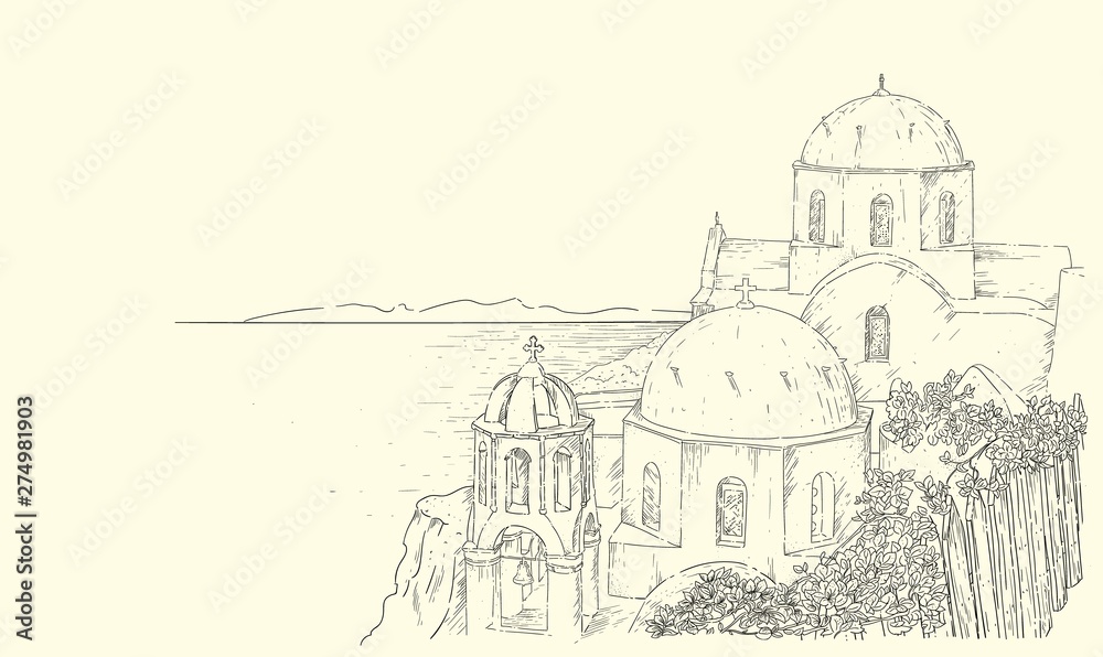 Greece summer island landscape with traditional greek church. Santorini hand drawn line vector background. Picturesque sketch. Ideal for cards, invitations, banners, posters.