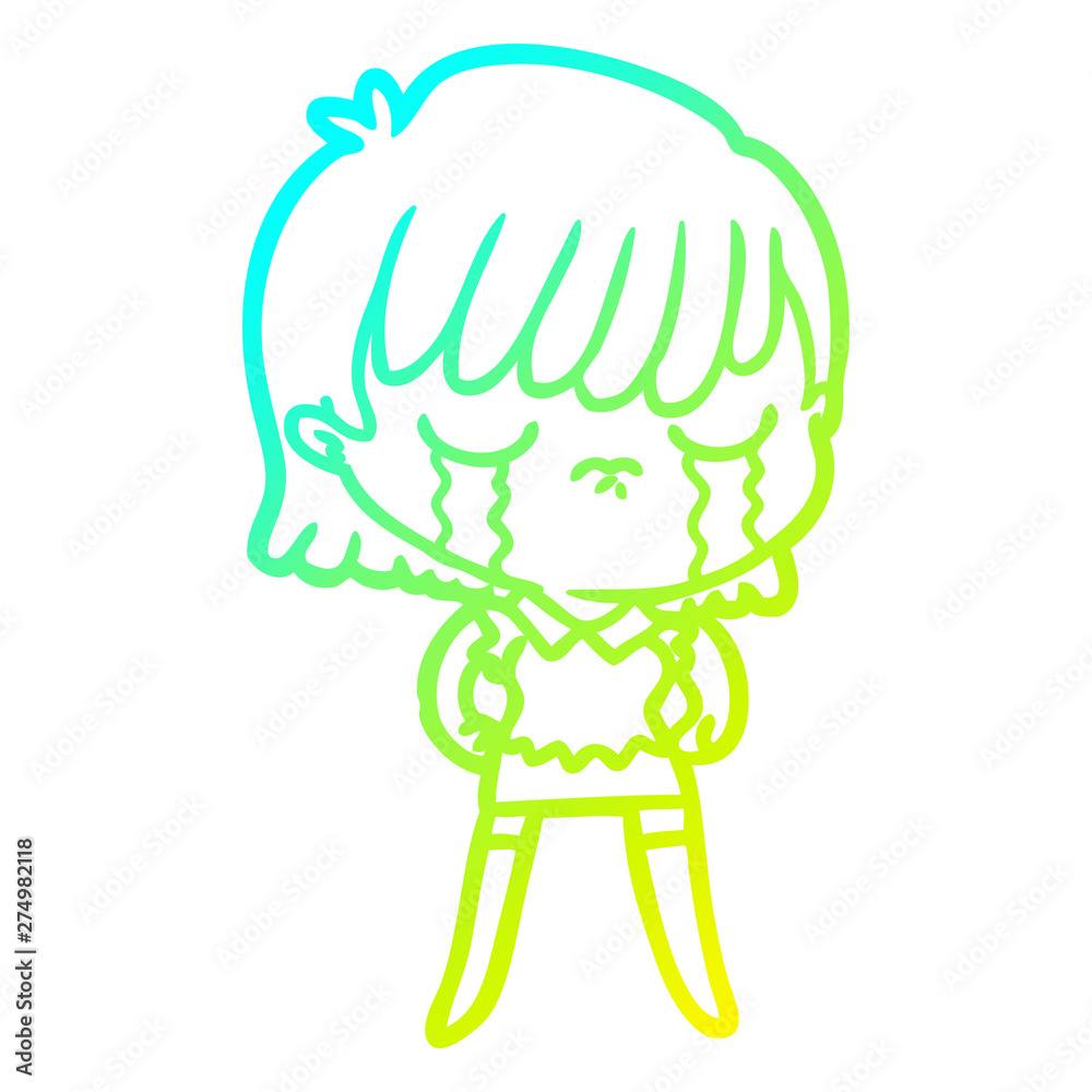 Fototapeta premium cold gradient line drawing cartoon woman crying