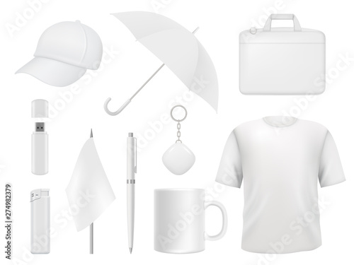 Corporate identity. Business souvenir items clothes packaging stickers pen badge lighter vector empty mockup template. Illustration of t-shirt and umbrella, flag and lighter, cap and cup photo
