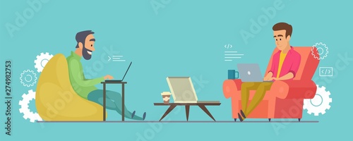 Programmers vector characters. Software developers working on laptops in coworking illustration. Programmer software and management, coder together
