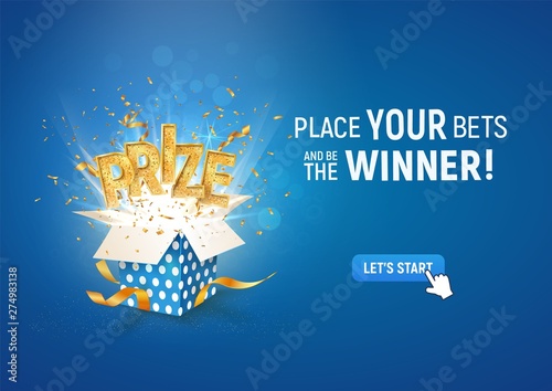 Open textured blue box with confetti explosion inside and PRIZE gold word on blue background vector illustration.