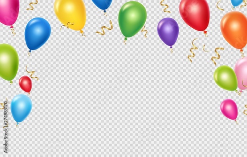 Celebration vector background template. Realistic balloons and ribbons banner design. Illustration of birthday balloon realistic, festive celebrate poster photo