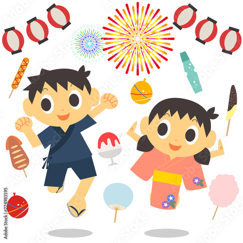 かわいい兄妹と夏祭りのイラスト
