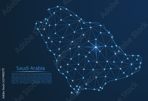 Saudi Arabia communication network map. Vector low poly image of a global map with lights in the form of cities in or population density consisting of points and shapes in the form of stars and space.