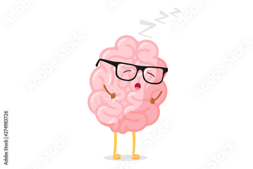 Cute cartoon smart human brain with glasses relaxation. Central nervous system sleeping organ funny vector illustration
