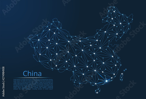 China communication network map. Vector low poly image of a global map with lights in the form of cities in or population density consisting of points and shapes in the form of stars and space.