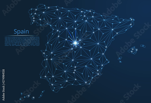 Spain communication network map. Vector low poly image of a global map with lights in the form of cities in or population density consisting of points and shapes in the form of stars and space.