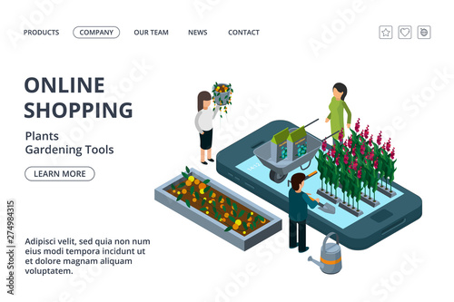 Gardening tools, plants and flowers online shop. Vector isometric online gardening landing page template. Illustration of online retail flower, mobile order bouquet