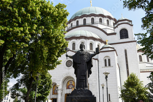 BELGRADE, SERBIA - June 4, 2019: Statue of Saint Sava, a highly prominent religious figure in Serbian history in front of the Church of Saint Sava