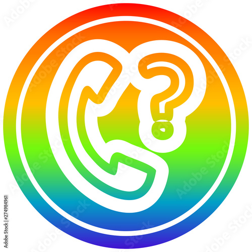 telephone handset with question mark circular in rainbow spectrum