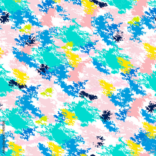 Colorful grunge seamless pattern abstract stains and paint splashes. Infinity texture, modern grungy background. Vector illustration.