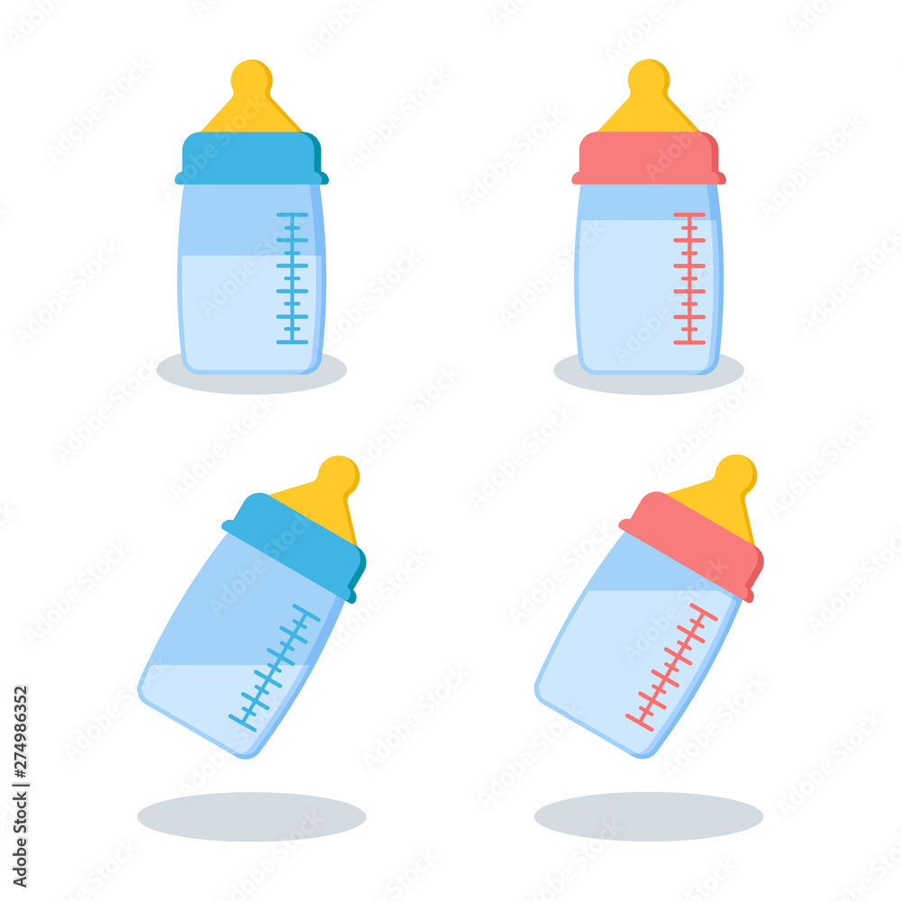 Set of scalable plastic or glass baby bottles with milk or water blue for boy and pink for girl isolated on white background with shadows. Vector illustration. Cartoon flat style. Set of scalable plastic or glass baby bottles with milk or water blue for boy and pink for girl isolated on white background with shadows. Vector illustration. Cartoon flat style.