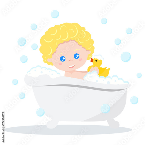 Baby taking a bath playing with foam bubbles and yellow rubber duck isolated on white background. Vector illustration flat design cartoonstyle baby boy character in bathroom. Baby bath time.