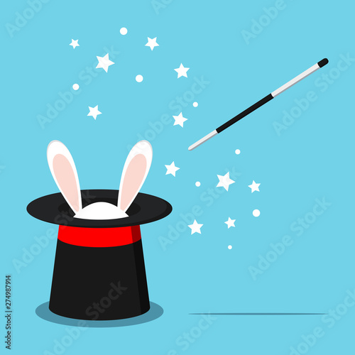 Icon of magic black hat with white rabbit bunny ears and magic wand with stars isolated on blue background. Vector illustration in flat cartoon style.