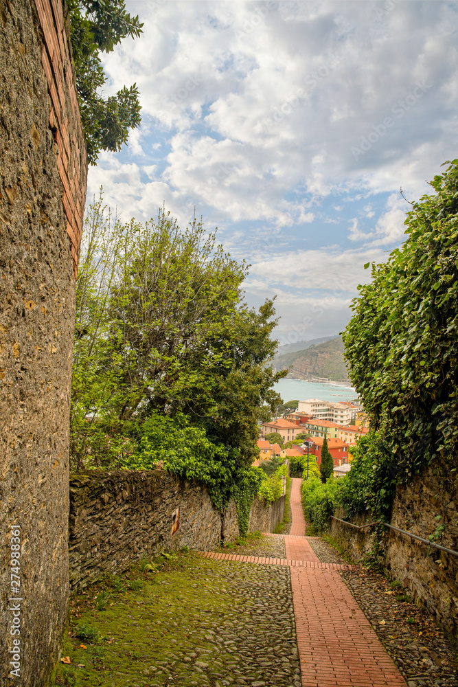Elevated view of Sestri Levante from the Punta Manara panoramic path, with the Bay of Fairy Tales, named in honor of Danish writer Hans Christian Andersen who lived here in 1833, Genoa, Liguria, Italy