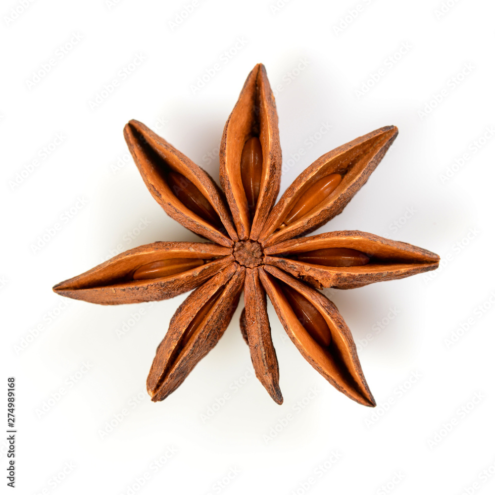 Star anise. Single star anise fruit. Macro close up Isolated on white square background, top view of a chinese badiane spice or Illicium verum. Star anise. Single star anise fruit. Macro close up Isolated on white square background, top view of a chinese badiane spice or Illicium verum.