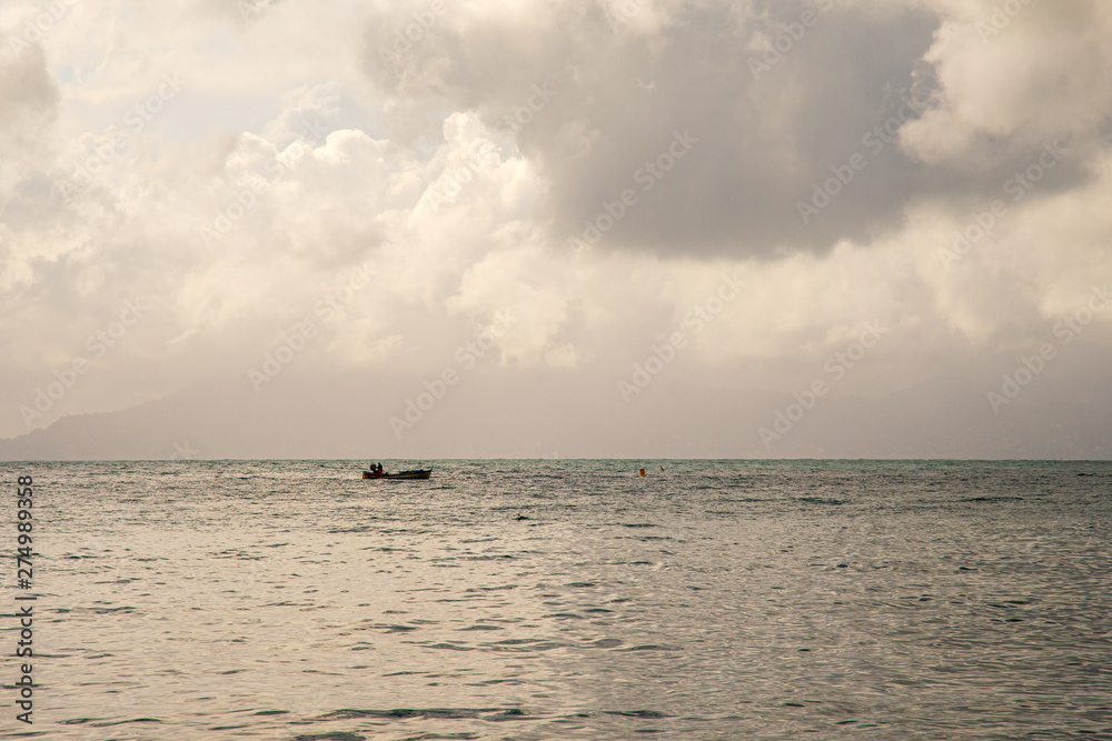 Fototapeta premium Seascape with a fishing boat, a coastline on the foggy horizon in the background and cloudy sky, Sestri Levante, Genoa, Liguria, Italy