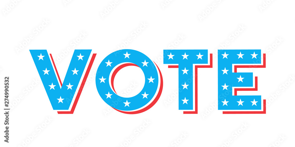Vote text with united states of america flag design. Vector illustration for national elections of USA. Politics, presidential election, republicans and democrats or other national decisions Vote text with united states of america flag design. Vector illustration for national elections of USA. Politics, presidential election, republicans and democrats or other national decisions