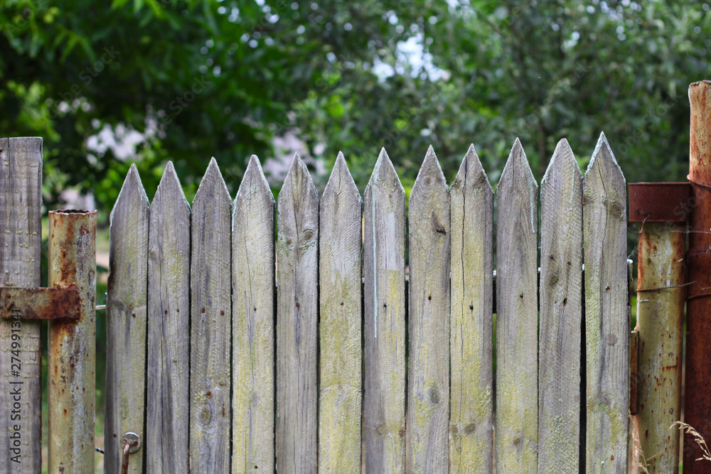 Old wooden picket gate with peeled paint