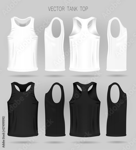 Men's white and black tank top template in three dimensions: front, side and back view. Blank of realistic male sport shirts