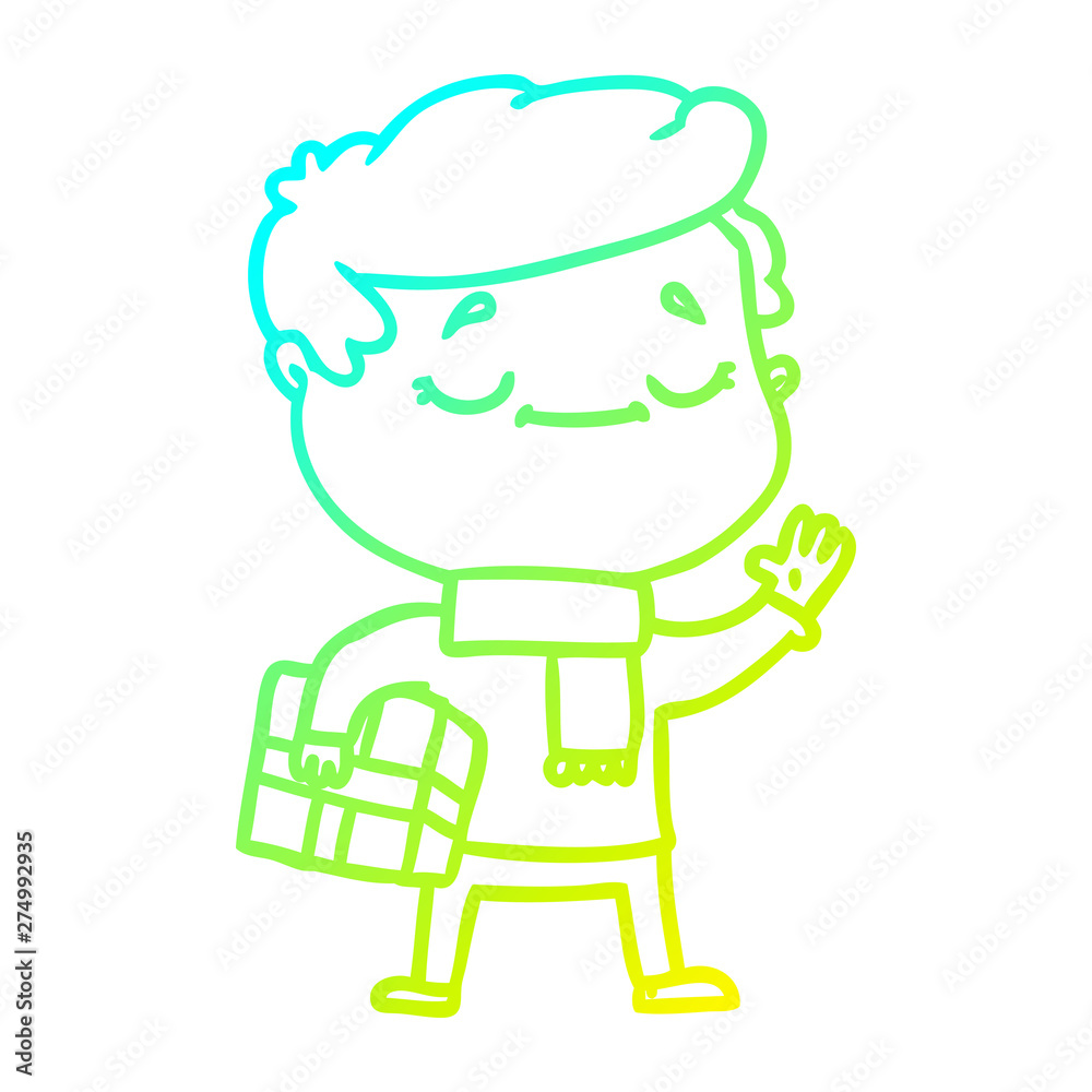 cold gradient line drawing cartoon man carrying christmas present waving cold gradient line drawing cartoon man carrying christmas present waving