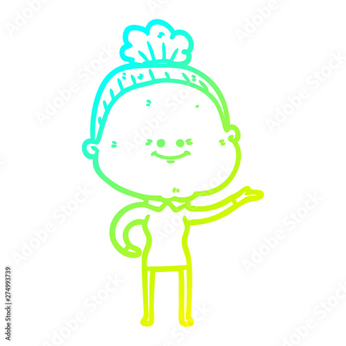 cold gradient line drawing cartoon happy old woman