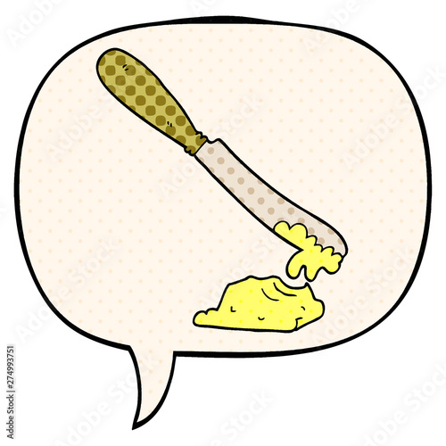 cartoon knife spreading butter and speech bubble in comic book style